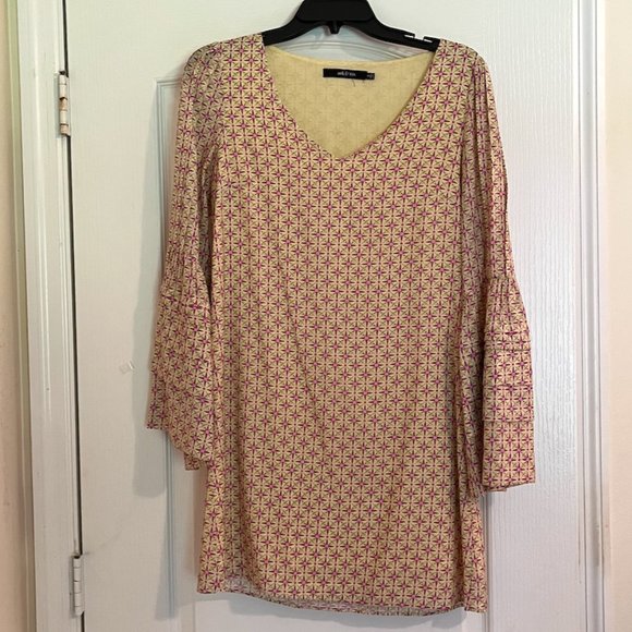 70s Flair, Ark & Co. v-neck long sleeve mini dress with bell sleeves, size Small - Picture 6 of 13